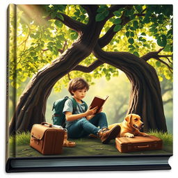 A captivating book cover featuring a 15-year-old boy with a backpack and a suitcase sitting peacefully under a large tree
