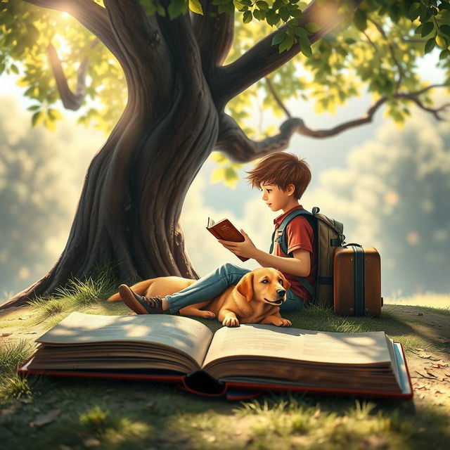 A captivating book cover featuring a 15-year-old boy with a backpack and a suitcase sitting peacefully under a large tree