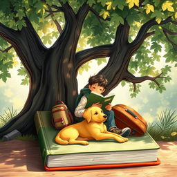 A captivating book cover featuring a 15-year-old boy with a backpack and a suitcase sitting peacefully under a large tree