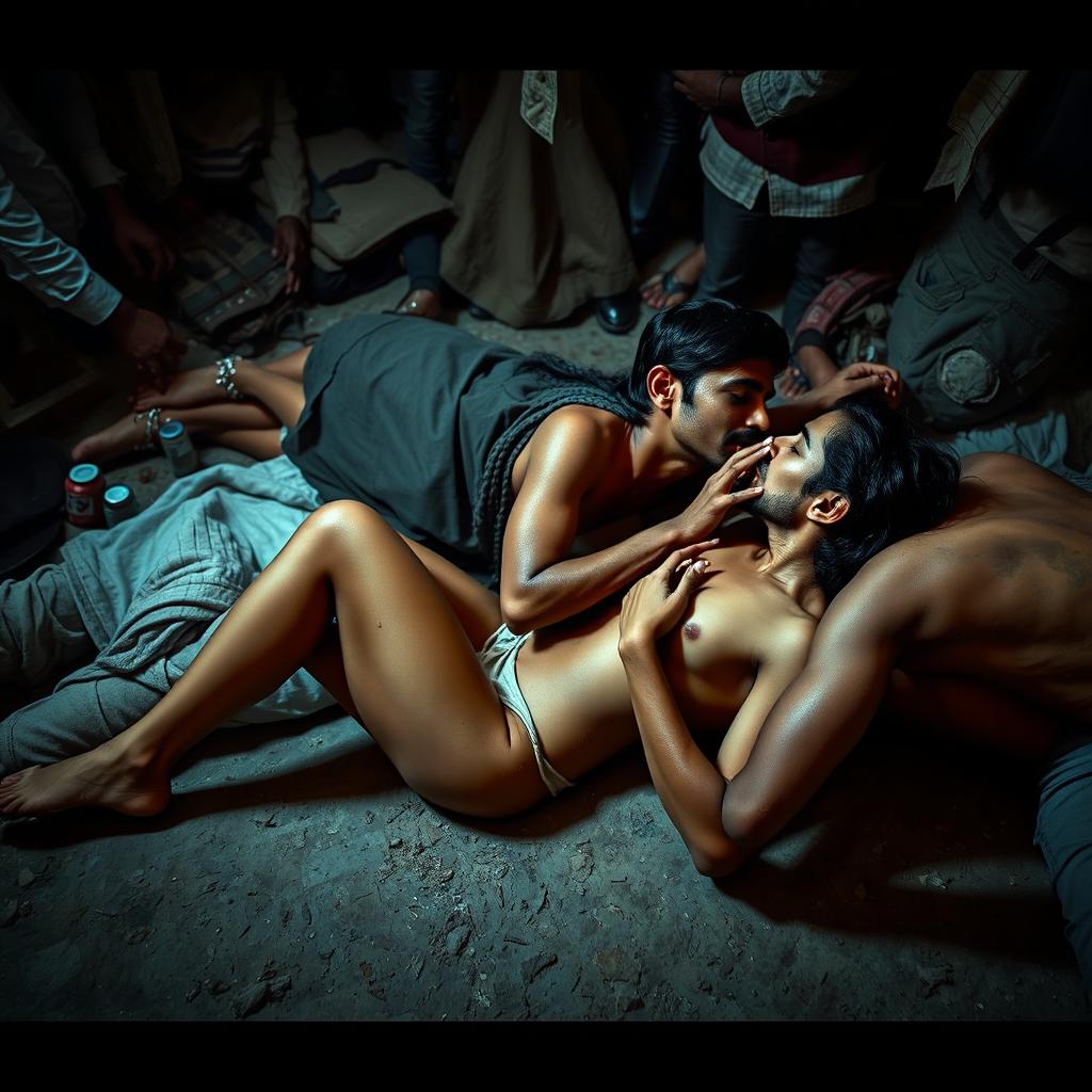 A sensual representation of a young Pakistani woman with long legs, lying on the floor of a gritty slum