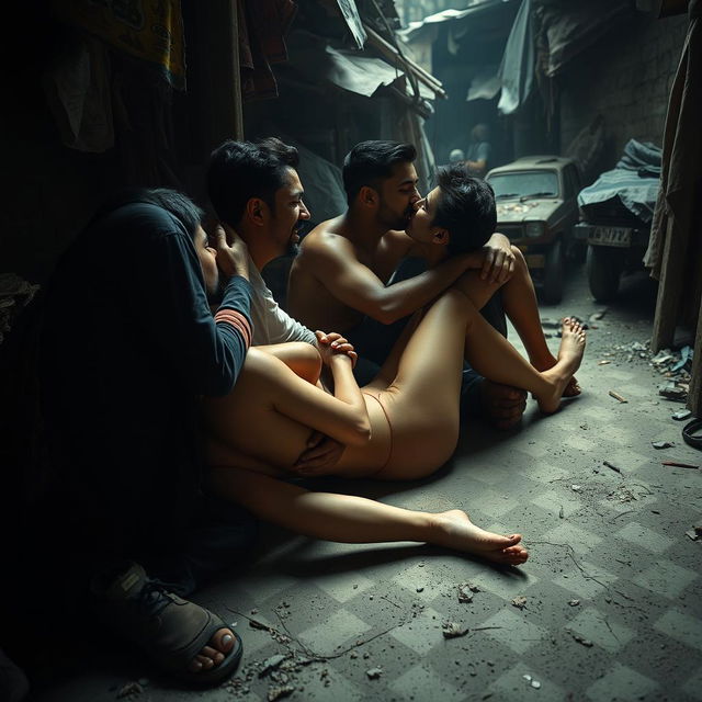 A sensual representation of a young Pakistani woman with long legs, lying on the floor of a gritty slum