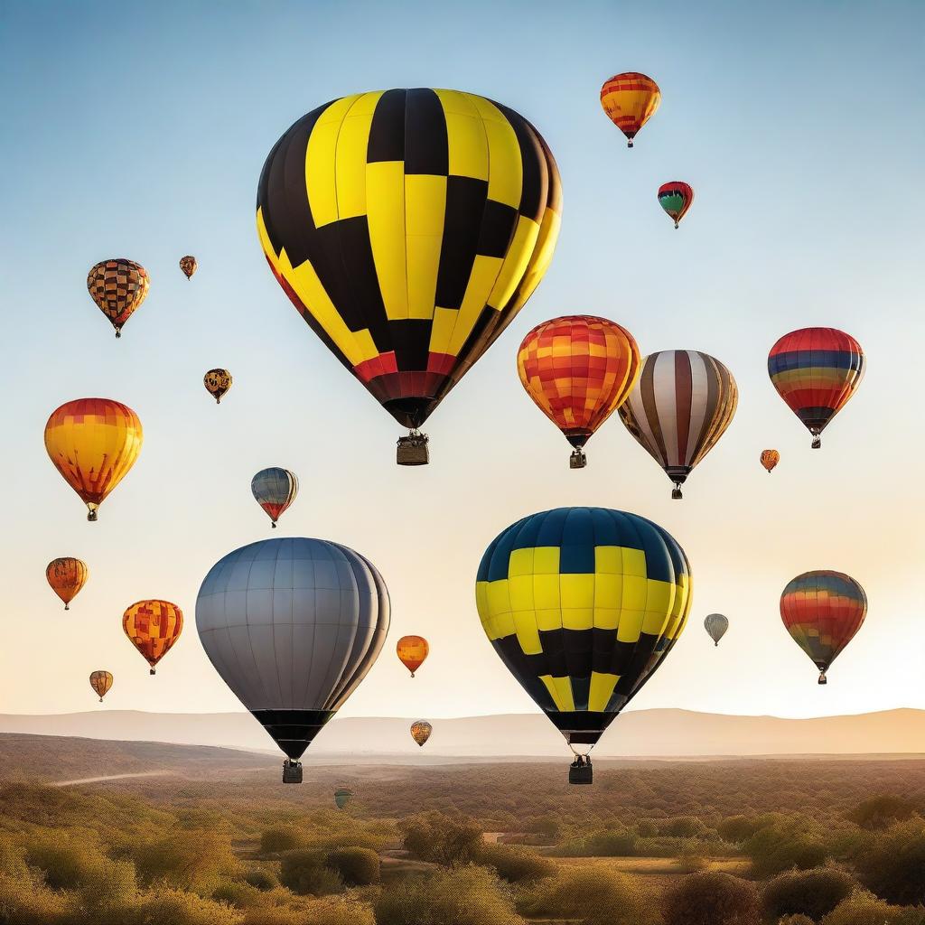 Generate an image of various differently sized and designed hot air balloons, floating in the air under a clear, sunny sky.