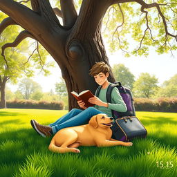 A delightful book cover showcasing a 15-year-old teenager with a backpack and a suitcase sitting comfortably beneath a large tree