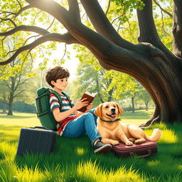 A delightful book cover showcasing a 15-year-old teenager with a backpack and a suitcase sitting comfortably beneath a large tree