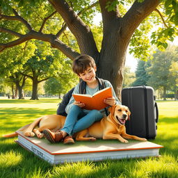 A delightful book cover showcasing a 15-year-old teenager with a backpack and a suitcase sitting comfortably beneath a large tree