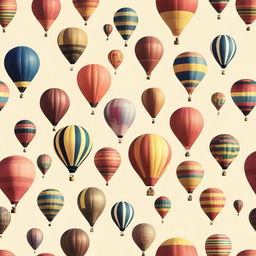 Generate an image of various differently sized and designed hot air balloons, floating in the air under a clear, sunny sky.