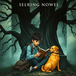 A gripping and mysterious book cover for a suspense novel featuring a 15-year-old teenager with a backpack and a suitcase sitting beneath a large, shadowy tree