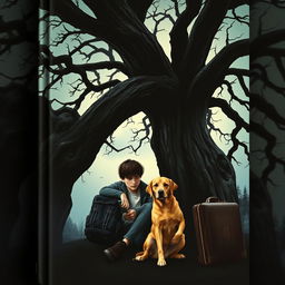 A gripping and mysterious book cover for a suspense novel featuring a 15-year-old teenager with a backpack and a suitcase sitting beneath a large, shadowy tree
