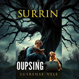 A gripping and mysterious book cover for a suspense novel featuring a 15-year-old teenager with a backpack and a suitcase sitting beneath a large, shadowy tree