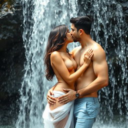A romantic scene set under a beautiful waterfall, featuring a hot, cute 18-year-old Pakistani girl who is fully naked, displaying her breasts and navel