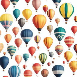 Generate an image of various differently sized and designed hot air balloons, floating in the air under a clear, sunny sky.