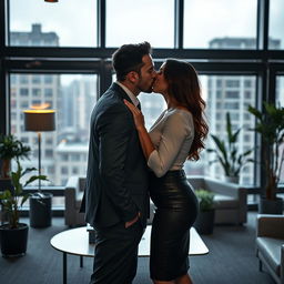A steamy office scene featuring a couple passionately kissing in a modern, stylish office