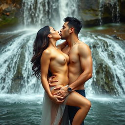 A romantic and intimate scene set under a magnificent waterfall, featuring a hot, cute 18-year-old Pakistani girl who is fully naked, gracefully showing her breasts and navel