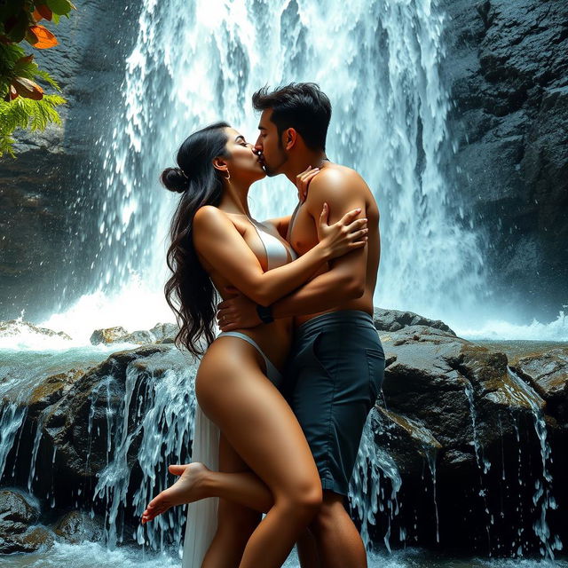 A romantic and intimate scene set under a magnificent waterfall, featuring a hot, cute 18-year-old Pakistani girl who is fully naked, gracefully showing her breasts and navel