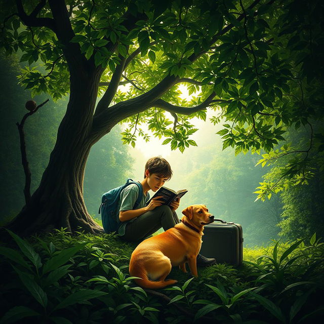 A captivating and suspenseful book cover featuring a 15-year-old teenager with a backpack and a suitcase sitting under a large green tree in a dense, green forest