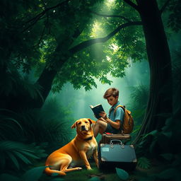 A captivating and suspenseful book cover featuring a 15-year-old teenager with a backpack and a suitcase sitting under a large green tree in a dense, green forest