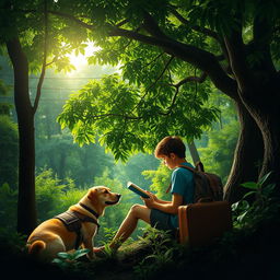 A captivating and suspenseful book cover featuring a 15-year-old teenager with a backpack and a suitcase sitting under a large green tree in a dense, green forest