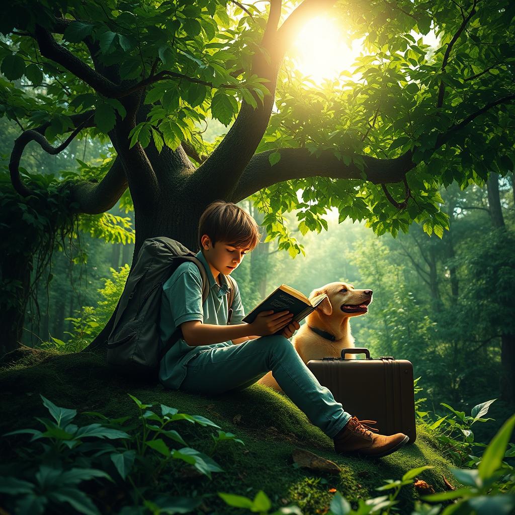 A captivating and suspenseful book cover featuring a 15-year-old teenager with a backpack and a suitcase sitting under a large green tree in a dense, green forest