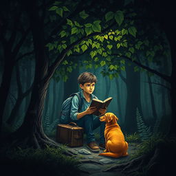 An intriguing book cover for a suspense novel featuring a 15-year-old teenager with a backpack and a suitcase sitting quietly under a leafy green tree in a dense forest