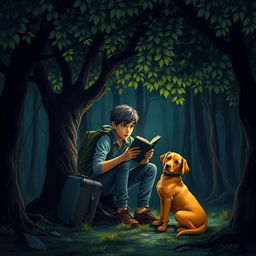 An intriguing book cover for a suspense novel featuring a 15-year-old teenager with a backpack and a suitcase sitting quietly under a leafy green tree in a dense forest