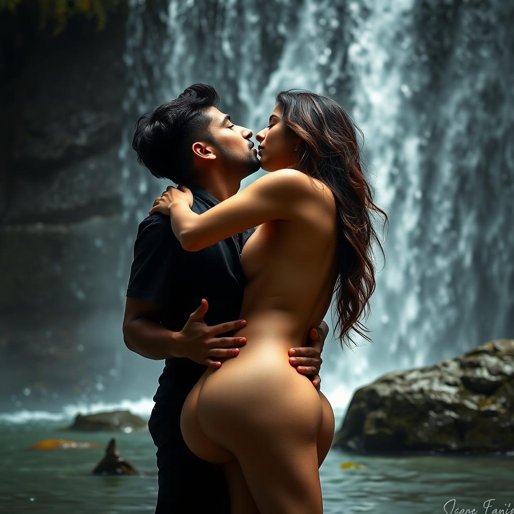 A romantic and intimate scene beneath a stunning waterfall, featuring a hot, cute 18-year-old Pakistani girl who is fully naked, revealing her breasts and navel