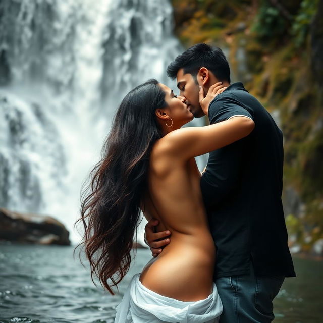 A romantic and intimate scene beneath a stunning waterfall, featuring a hot, cute 18-year-old Pakistani girl who is fully naked, revealing her breasts and navel