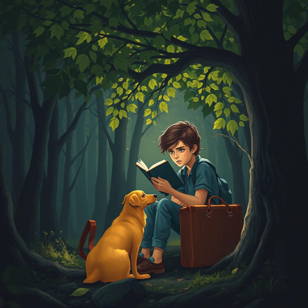 An intriguing book cover for a suspense novel featuring a 15-year-old teenager with a backpack and a suitcase sitting quietly under a leafy green tree in a dense forest