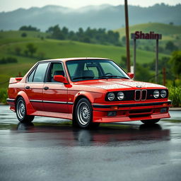 A stunning BMW E30, 4-door sedan, painted in a vivid red color, featuring a track extension of +35 cm and sleek plastic wing covers