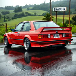 A stunning BMW E30, 4-door sedan, painted in a vivid red color, featuring a track extension of +35 cm and sleek plastic wing covers
