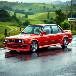 A stunning BMW E30, 4-door sedan, painted in a vivid red color, featuring a track extension of +35 cm and sleek plastic wing covers