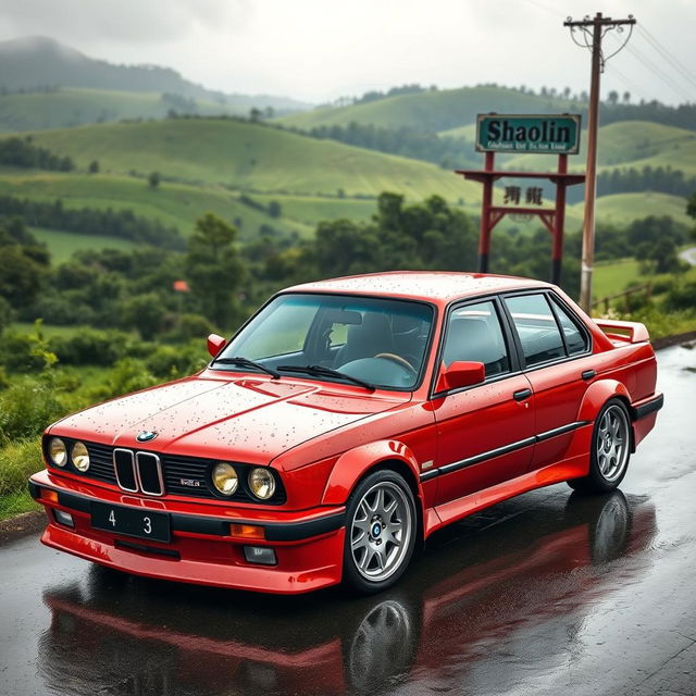 A stunning BMW E30, 4-door sedan, painted in a vivid red color, featuring a track extension of +35 cm and sleek plastic wing covers