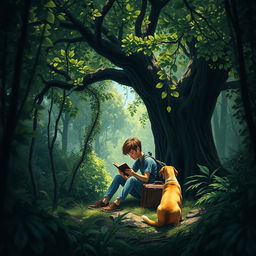 An intriguing and suspenseful book cover depicting a 15-year-old adolescent with a backpack and a suitcase sitting beneath a large, leafy green tree in a dense forest