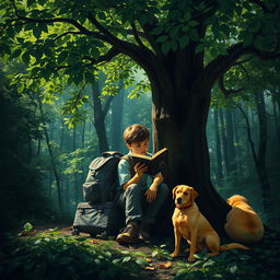 An intriguing and suspenseful book cover depicting a 15-year-old adolescent with a backpack and a suitcase sitting beneath a large, leafy green tree in a dense forest
