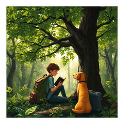 An intriguing and suspenseful book cover depicting a 15-year-old adolescent with a backpack and a suitcase sitting beneath a large, leafy green tree in a dense forest