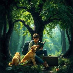 An intriguing and suspenseful book cover depicting a 15-year-old adolescent with a backpack and a suitcase sitting beneath a large, leafy green tree in a dense forest