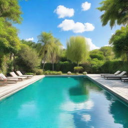 A clear blue swimming pool on a sunny day, reflecting the bright sky and surrounded by lush greenery.