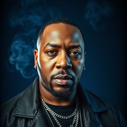 A striking portrait of Timbaland, the iconic hip-hop producer, set against a moody blue background