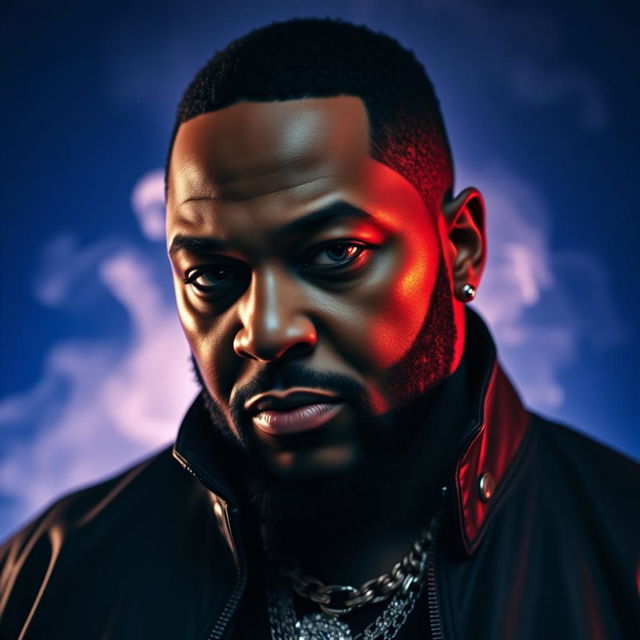 A striking portrait of Timbaland, the iconic hip-hop producer, set against a moody blue background