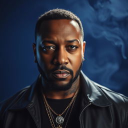 A striking portrait of Timbaland, the iconic hip-hop producer, set against a moody blue background