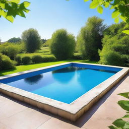 A clear blue swimming pool on a sunny day, reflecting the bright sky and surrounded by lush greenery.