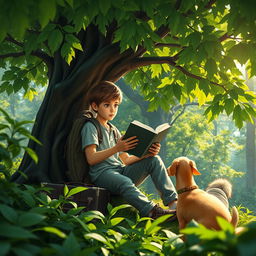 An engaging and suspenseful book cover depicting a 15-year-old adolescent with a backpack and a suitcase sitting beneath a lush green tree in a vibrant forest