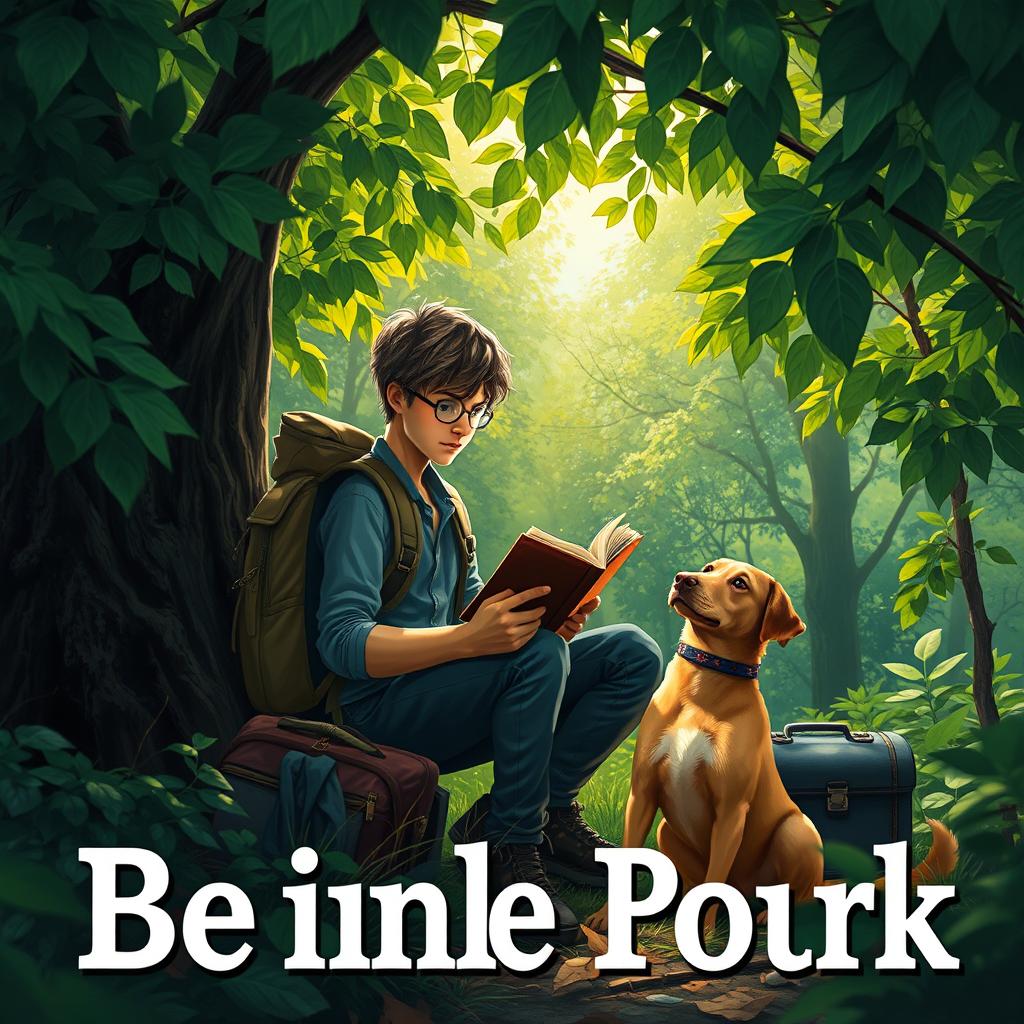 An engaging and suspenseful book cover depicting a 15-year-old adolescent with a backpack and a suitcase sitting beneath a lush green tree in a vibrant forest