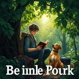 An engaging and suspenseful book cover depicting a 15-year-old adolescent with a backpack and a suitcase sitting beneath a lush green tree in a vibrant forest