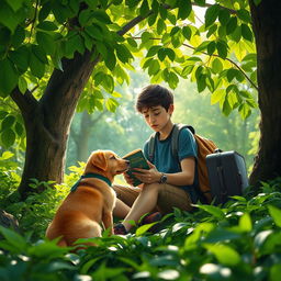 An engaging and suspenseful book cover depicting a 15-year-old adolescent with a backpack and a suitcase sitting beneath a lush green tree in a vibrant forest