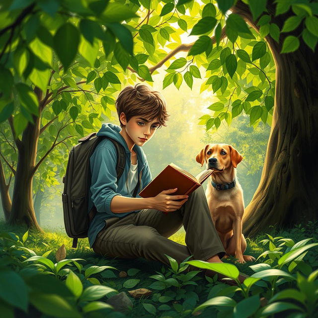 An engaging and suspenseful book cover depicting a 15-year-old adolescent with a backpack and a suitcase sitting beneath a lush green tree in a vibrant forest