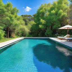 A clear blue swimming pool on a sunny day, reflecting the bright sky and surrounded by lush greenery.