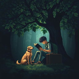 An atmospheric book cover for a suspense novel portraying a 15-year-old adolescent with a backpack and a suitcase, sitting beneath a broad green tree in a shadowy forest