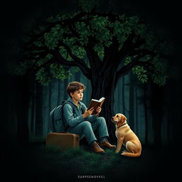 An atmospheric book cover for a suspense novel portraying a 15-year-old adolescent with a backpack and a suitcase, sitting beneath a broad green tree in a shadowy forest