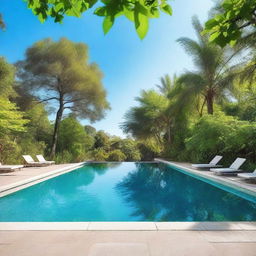 A clear blue swimming pool on a sunny day, reflecting the bright sky and surrounded by lush greenery.