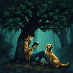 An atmospheric book cover for a suspense novel portraying a 15-year-old adolescent with a backpack and a suitcase, sitting beneath a broad green tree in a shadowy forest